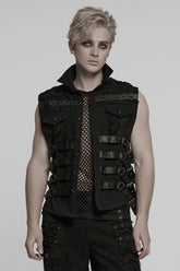 Black Stitching Mesh Rivet Buckle Men's Punk Vest
